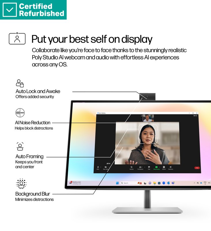 RENEW SILVER HP 727pm Series 7 Pro 4K Conferencing Monitor - 27" 3840x2160 UHD 400-nit 60Hz AG, IPS Black HDR 400, USB-C(100W/15W)/HDMI/DP Daisy-Chain, 5x USB-A, speakers, 5MP webcam, RJ-45 LAN, height adjustable/tilt/swivel/pivot, 1 years thumbnail 7