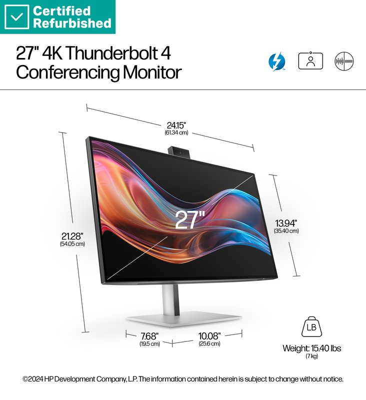 RENEW SILVER HP 727pm Series 7 Pro 4K Conferencing Monitor - 27" 3840x2160 UHD 400-nit 60Hz AG, IPS Black HDR 400, USB-C(100W/15W)/HDMI/DP Daisy-Chain, 5x USB-A, speakers, 5MP webcam, RJ-45 LAN, height adjustable/tilt/swivel/pivot, 1 years thumbnail 8