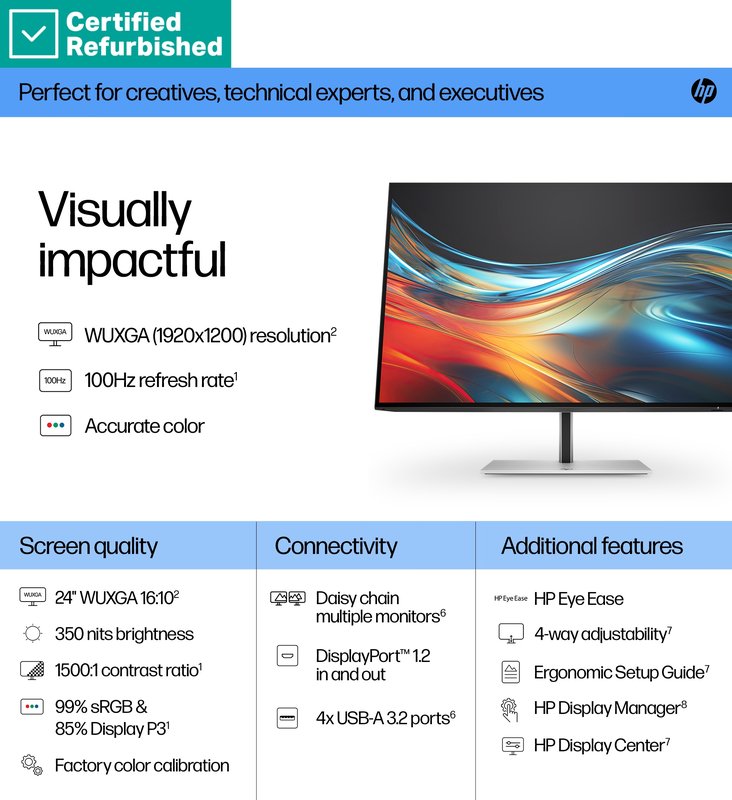 RENEW SILVER HP 724pn Series 7 Pro WUXGA Monitor - 24" 1920x1200 WUXGA 350-nit 100Hz AG, IPS, HDMI/DisplayPort/DisplayPort-out, 4x USB-A, No, height adjustable/tilt/swivel/pivot, 1 years (replaces Z24n G3) thumbnail 6