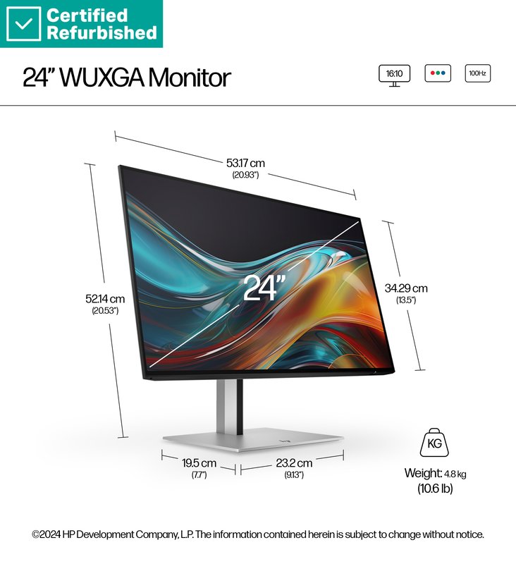 RENEW SILVER HP 724pn Series 7 Pro WUXGA Monitor - 24" 1920x1200 WUXGA 350-nit 100Hz AG, IPS, HDMI/DisplayPort/DisplayPort-out, 4x USB-A, No, height adjustable/tilt/swivel/pivot, 1 years (replaces Z24n G3) thumbnail 8