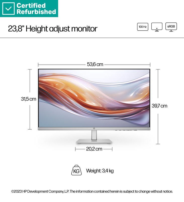 RENEW SILVER HP 524sh Series 5 FHD Monitor - 23.8" 1920x1080 FHD 300-nit 100Hz AG, IPS, HDMI/VGA, height adjustable/tilt, 1 years thumbnail 7