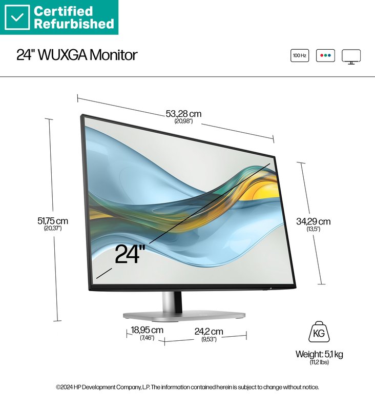 RENEW SILVER HP 524pn Series 5 Pro WUXGA Monitor - 24" 1920x1200 WUXGA 350-nit 100Hz AG, IPS, HDMI/DisplayPort, 4x USB-A, height adjustable/tilt/swivel/pivot, 1 years (replaces E24i G4) thumbnail 8