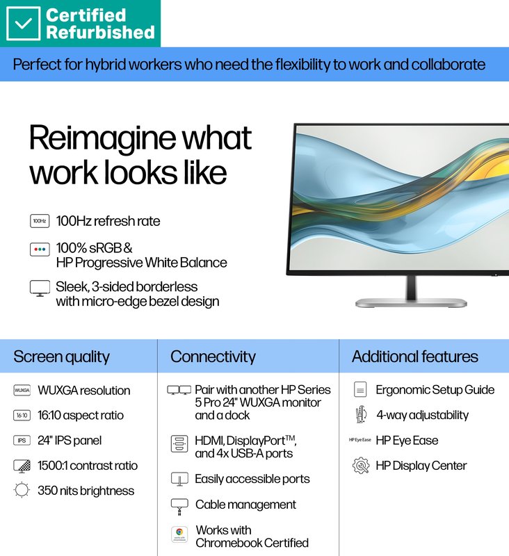 RENEW GOLD HP 524pn Series 5 Pro WUXGA Monitor - 24" 1920x1200 WUXGA 350-nit 100Hz AG, IPS, HDMI/DisplayPort, 4x USB-A, height adjustable/tilt/swivel/pivot, 1 years (replaces E24i G4) thumbnail 7