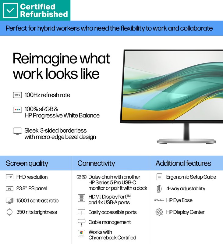 RENEW SILVER HP 524pf Series 5 Pro FHD Monitor - 23.8" 1920x1080 FHD 350-nit 100Hz AG, IPS, HDMI/DisplayPort, 4x USB-A, height adjustable/tilt/swivel/pivot, 1 years (replaces E24 G5) thumbnail 7