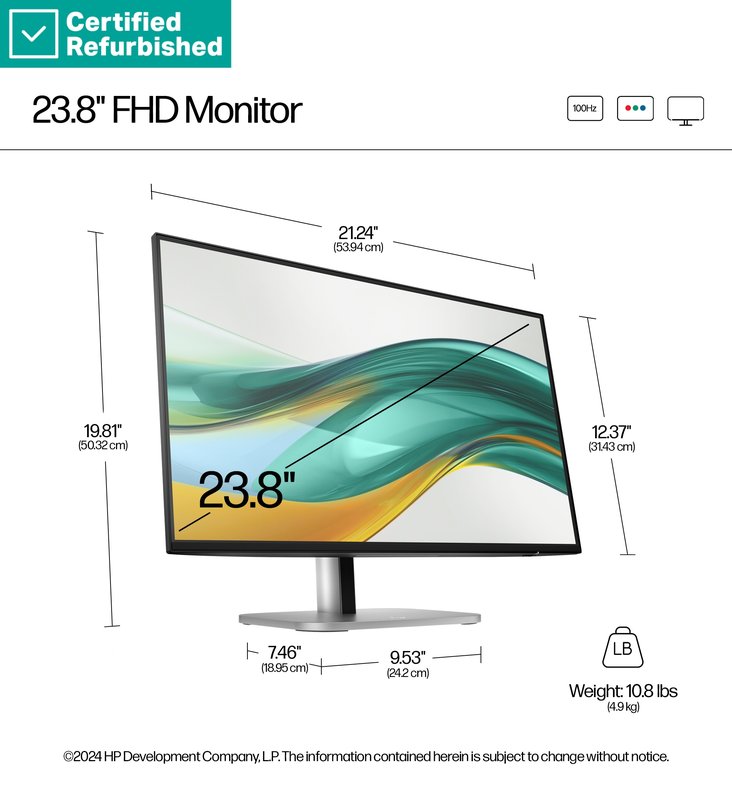 RENEW SILVER HP 524pf Series 5 Pro FHD Monitor - 23.8" 1920x1080 FHD 350-nit 100Hz AG, IPS, HDMI/DisplayPort, 4x USB-A, height adjustable/tilt/swivel/pivot, 1 years (replaces E24 G5) thumbnail 9