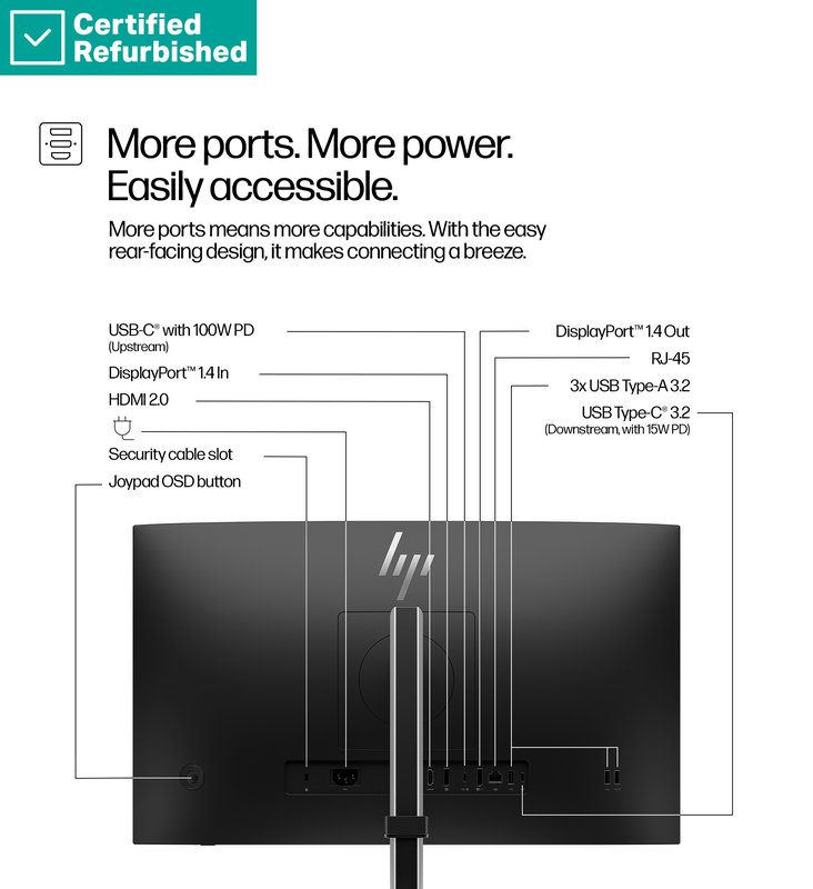 RENEW GOLD HP 524pu Series 5 Pro FHD Charging Monitor - 23.8" 1920x1080 FHD 350-nit 100Hz AG, IPS, USB-C(100W/15W)/HDMI/DisplayPort Daisy-Chain, 3x USB-A, RJ-45 LAN, height adjustable/tilt/swivel/pivot, 1 years (replaces E24u G5) thumbnail 5