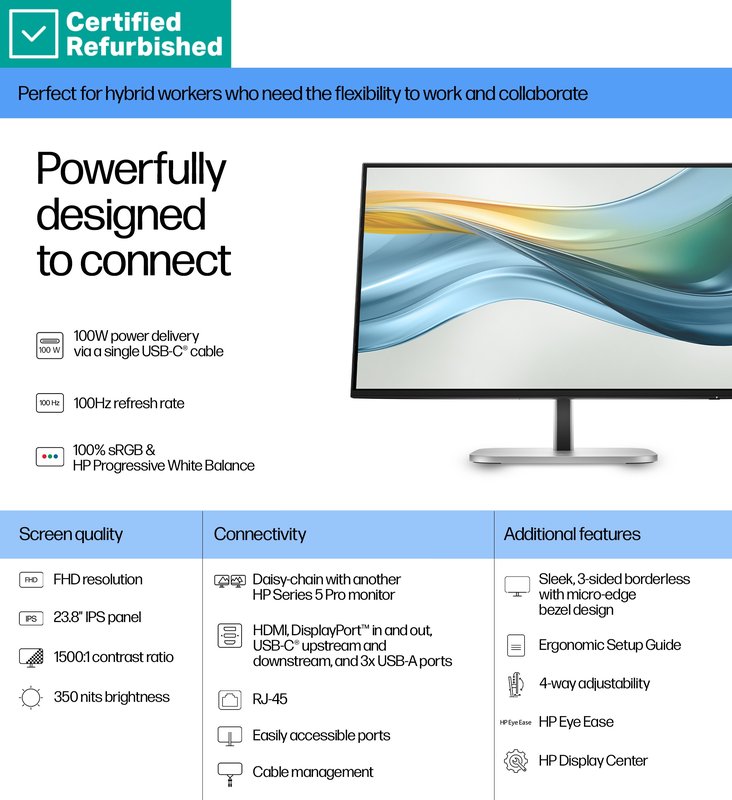 RENEW GOLD HP 524pu Series 5 Pro FHD Charging Monitor - 23.8" 1920x1080 FHD 350-nit 100Hz AG, IPS, USB-C(100W/15W)/HDMI/DisplayPort Daisy-Chain, 3x USB-A, RJ-45 LAN, height adjustable/tilt/swivel/pivot, 1 years (replaces E24u G5) thumbnail 4