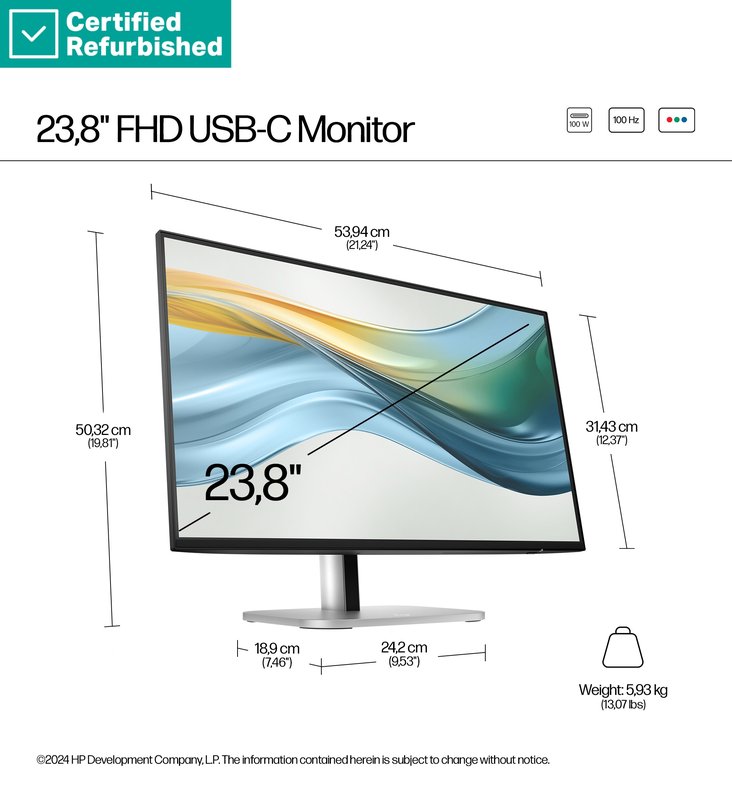 RENEW GOLD HP 524pu Series 5 Pro FHD Charging Monitor - 23.8" 1920x1080 FHD 350-nit 100Hz AG, IPS, USB-C(100W/15W)/HDMI/DisplayPort Daisy-Chain, 3x USB-A, RJ-45 LAN, height adjustable/tilt/swivel/pivot, 1 years (replaces E24u G5) thumbnail 6