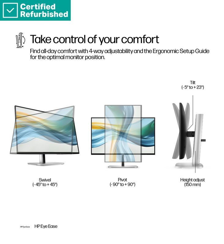 RENEW GOLD HP 524pu Series 5 Pro FHD Charging Monitor - 23.8" 1920x1080 FHD 350-nit 100Hz AG, IPS, USB-C(100W/15W)/HDMI/DisplayPort Daisy-Chain, 3x USB-A, RJ-45 LAN, height adjustable/tilt/swivel/pivot, 1 years (replaces E24u G5) thumbnail 7