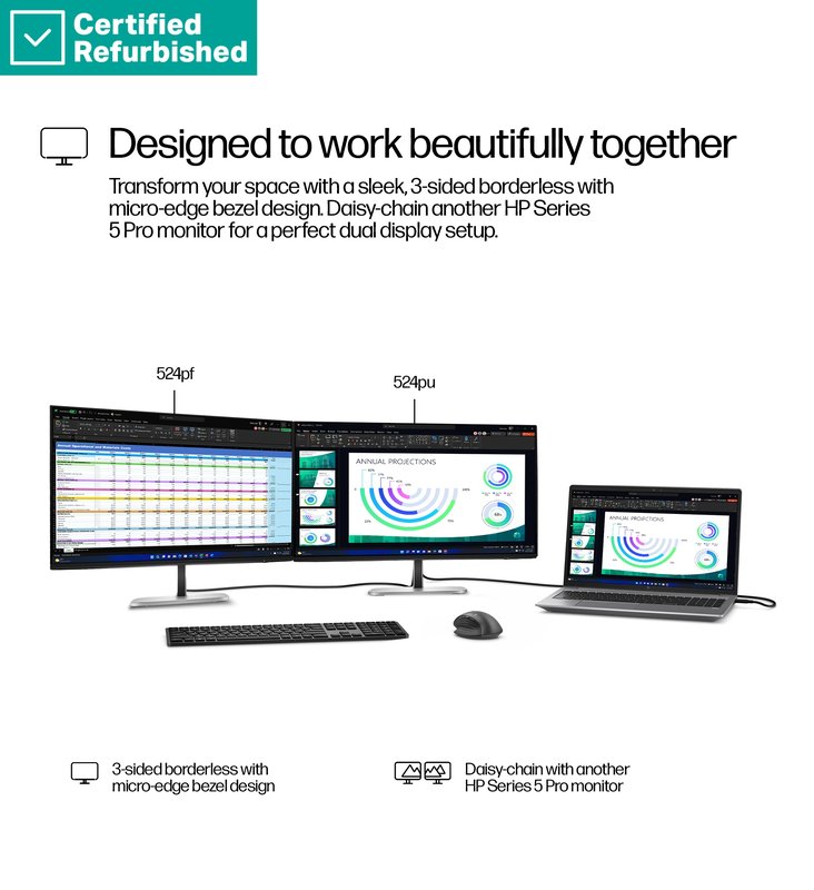 RENEW GOLD HP 524pu Series 5 Pro FHD Charging Monitor - 23.8" 1920x1080 FHD 350-nit 100Hz AG, IPS, USB-C(100W/15W)/HDMI/DisplayPort Daisy-Chain, 3x USB-A, RJ-45 LAN, height adjustable/tilt/swivel/pivot, 1 years (replaces E24u G5) thumbnail 9