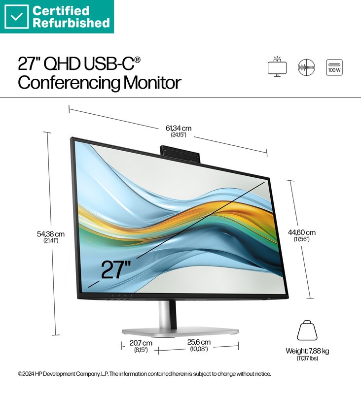 RENEW SILVER HP 527pm Series 5 Pro QHD Charging Monitor - 27" 2560x1440 QHD 350-nit 100Hz AG, IPS, USB-C(100W)/USB-C(15W)/HDMI/DP Daisy-chain, 3x USB-A, speakers, 5MP webcam, RJ-45 LAN, height adjustable/tilt/swivel/pivot, 1 years thumbnail 9