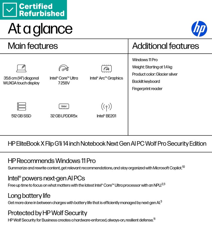 RENEW GOLD HP EliteBook X Flip G1i AI 14 - Ultra 7-258V, 32GB, 512GB SSD, 14 WUXGA AG, 5MP IR cam, FPR, UK backlit keyboard, Glacier Silver, 68Wh, Win 11 Pro, 1 years thumbnail 5